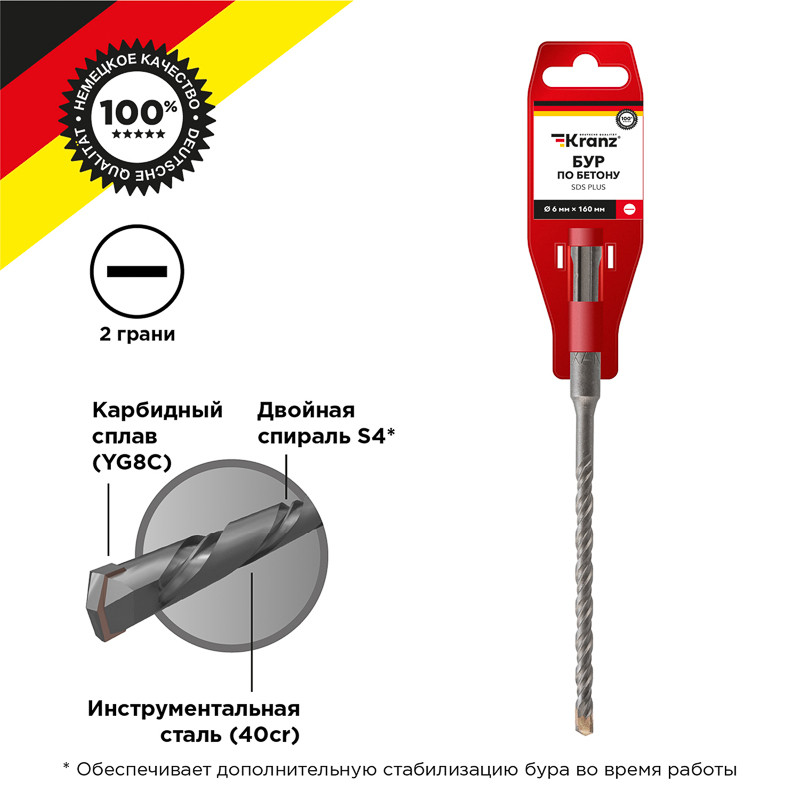 Бур по бетону 6x160x100мм SDS PLUS KRANZ Бур по бетону 6x160x100мм SDS PLUS KRANZ